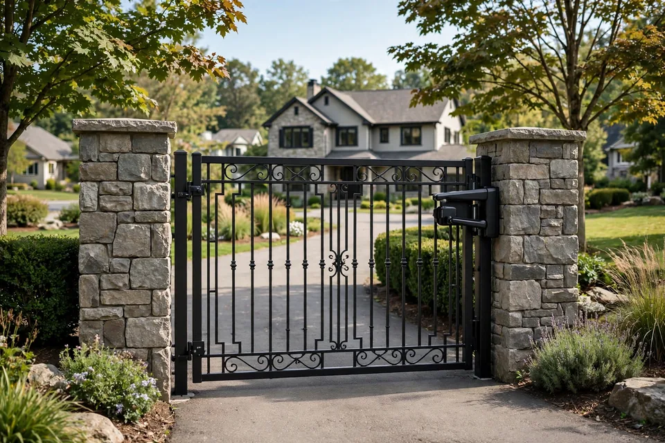 Automatic driveway gate at a suburban home entrance