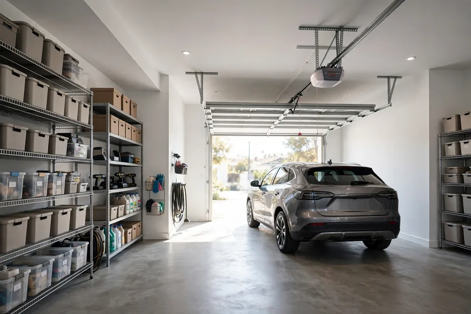 Residential garage interior with ceiling-mounted opener