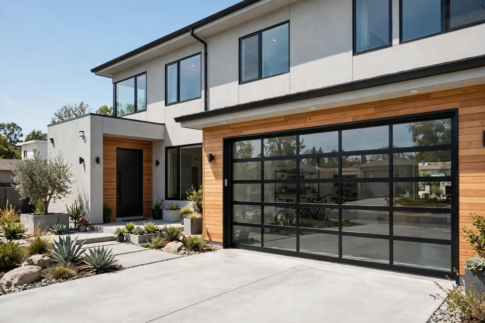 Modern home with a full-view glass garage door