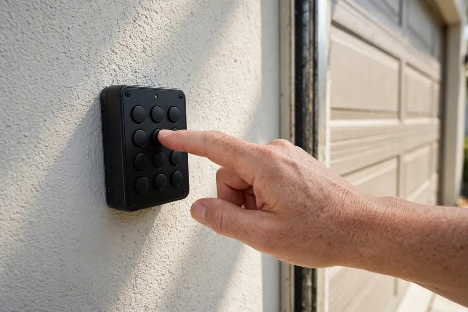 Hand entering a code on a wireless garage door keypad