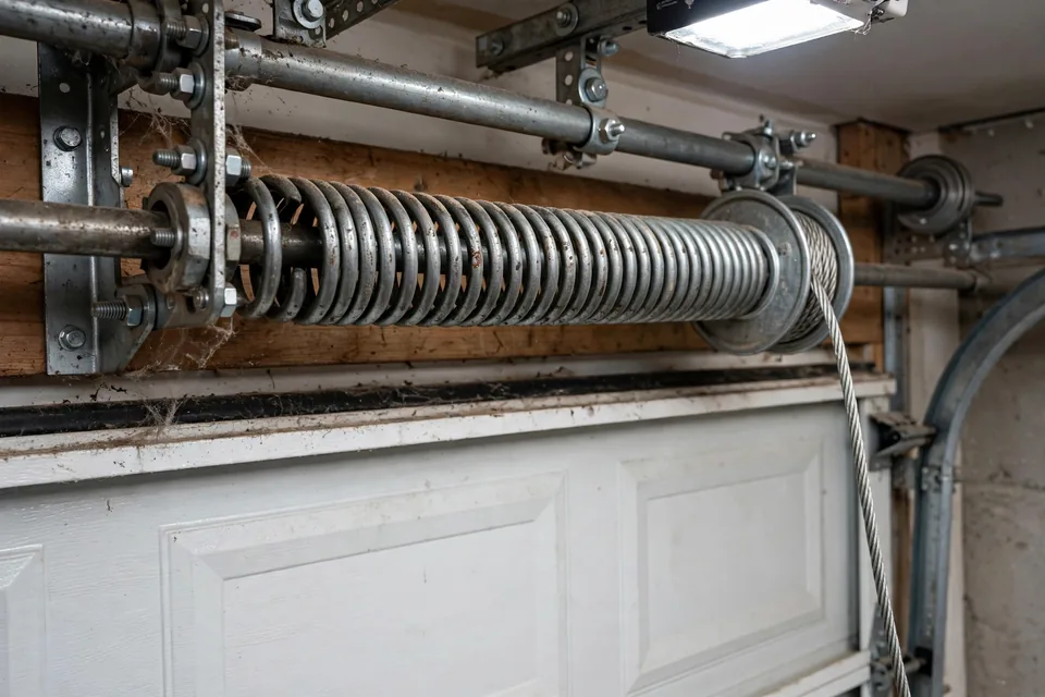 Close-up of a garage door torsion spring and cable system