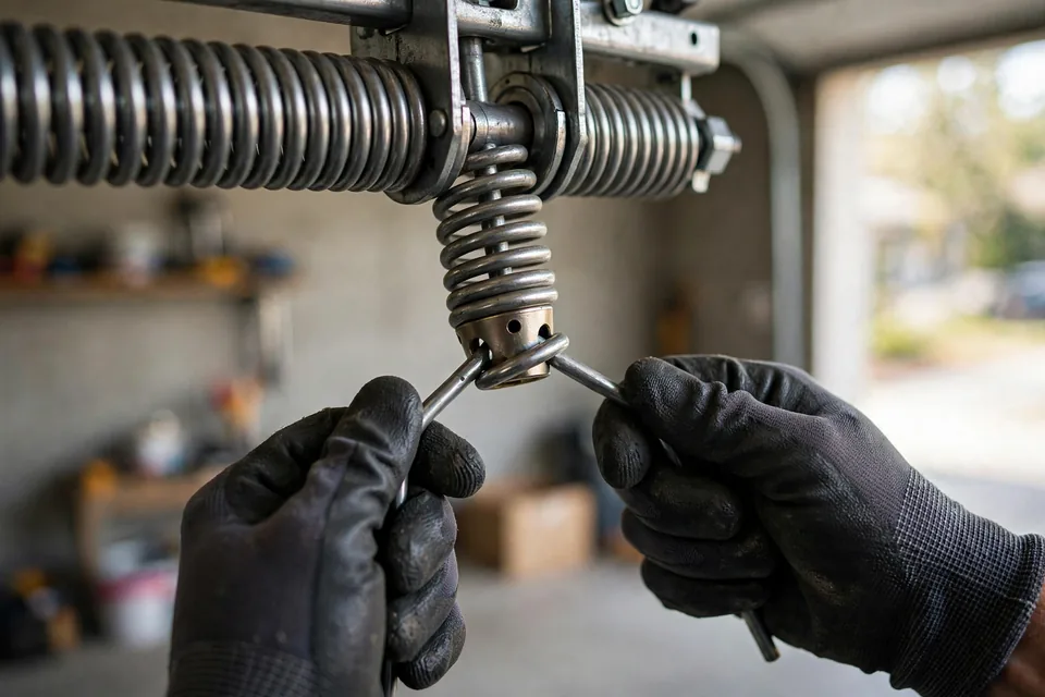 Technician's gloved hands adjusting a garage door torsion spring